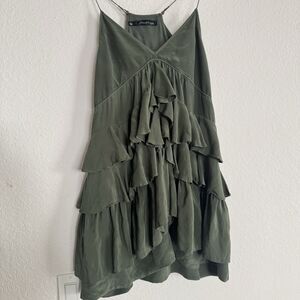 Patterson J. Kincaid Silk Vintage Tiered Boho Ruffle Mini Dress Olive Green sz.S
